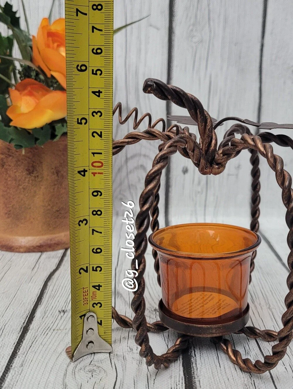 Amber Glass Pumpkin Votive Holder with Twisted Metal Frame